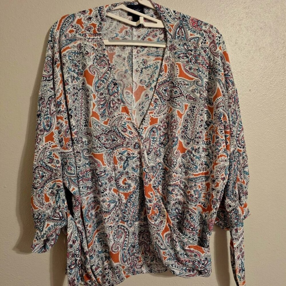 Daytrip L Boho Vintage Top Paisley Multicolor Pastel Surplice Body Long Sleeves